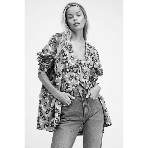 NEW FREE PEOPLE Sz XS CHARLIE PRINTED BUTTONDOWN TUNIC TOP MINI DRESS IN BLACK - Picture 3 of 4